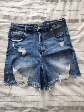 Distressed High-Waist Denim Shorts - Blue By Risen Size 1xl.